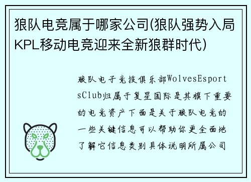 狼队电竞属于哪家公司(狼队强势入局KPL移动电竞迎来全新狼群时代)